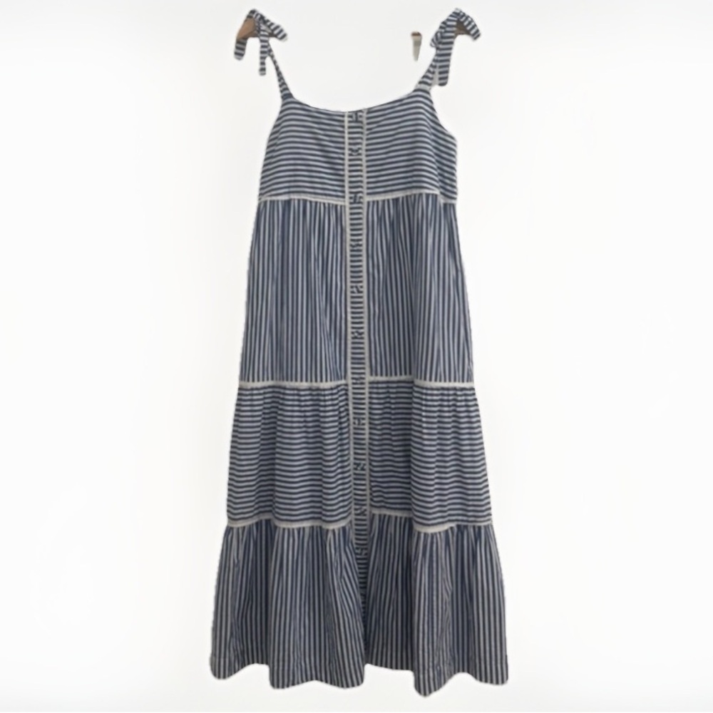Soludos Blue & White Stripe Nautical Cotton Sundress‎ Tie Strap Buttons Size M